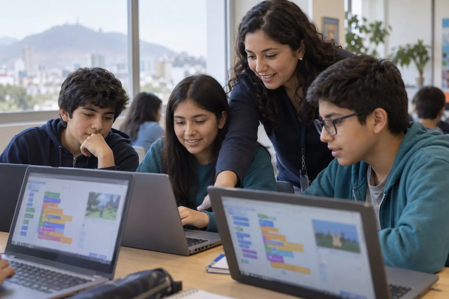 Escena ilustrativa de estudiantes aprendiendo programación con una instructora